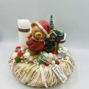 Különleges vessző alapon adventi asztaldísz  macival, fenyőfával és 4 db fehér gyertyával, Karácsony, Adventi díszek, Adventi asztaldísz, Virágkötés, MESKA