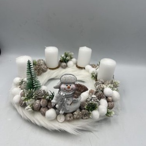 adventi asztaldísz  fehér alapon hóemberrel és fenyőfával, 4 gyertyával - Meska.hu