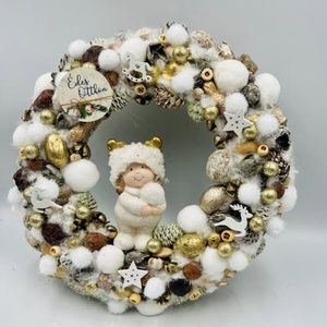 Aranyfehér karácsonyi ajtódísz  30 cm, figurával és Édes otthon felirattal - Meska.hu