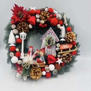 30 cm-es műfenyő ajtódísz  piros karácsonyi díszekkel, Karácsony, Adventi díszek, Adventi asztaldísz, Virágkötés, MESKA