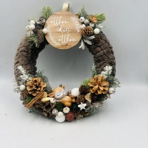 Szörmés Alapú Ajtódísz � Édes Otthon Felirattal, Bambival, Műfenyővel és Termésekkel - Meska.hu