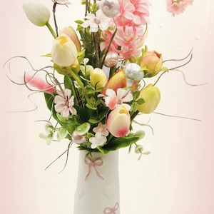 ???? Tavaszi virágcsokor kerámia vázában � 43 cm (fehér�rózsaszín masnival) - Meska.hu