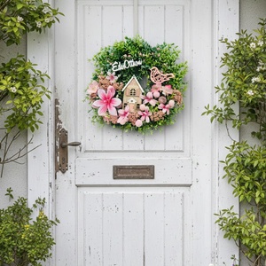 30 cm-es műzöld ajtódísz � házikóval, madárral és Édes otthon felirattal, rózsaszín díszítéssel, Otthon & Életmód, Dekoráció, Ajtó- és ablak dekoráció, Ajtódísz & Kopogtató, Virágkötés, MESKA