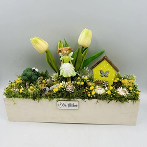 tavaszi asztaldísz � tündérrel, citromsárga dekor termésekkel és tulipánnal, Otthon & Életmód, Dekoráció, Asztal és polc dekoráció, Asztaldísz, Virágkötés, MESKA