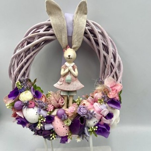 Vessző alapos ajtódísz húsvéti nyuszival, lila�rózsaszín, kb. 25 cm, Otthon & Életmód, Dekoráció, Ajtó- és ablak dekoráció, Ajtódísz & Kopogtató, Virágkötés, MESKA