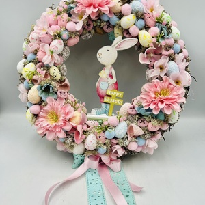 Nagyméretű Húsvéti ajtódísz nyuszival � pasztell tojásokkal és virágokkal (30�32 cm), Ünnepi díszek, dekorációk, Húsvéti díszek és dekorációk, Húsvéti ajtódísz, kopogtató, Virágkötés, MESKA