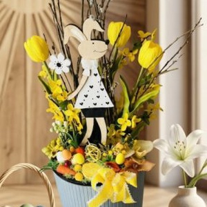 Vendégváró húsvéti dekoráció � kb. 80 cm magas, nyuszis, sárga tavaszi virágokkal, Ünnepi díszek, dekorációk, Húsvéti díszek és dekorációk, Húsvéti ajándékátadó, Virágkötés, MESKA