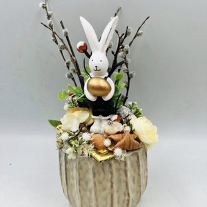 Nyuszis húsvéti asztaldísz barna kerámia kaspóban � barkás tavaszi dekoráció, Ünnepi díszek, dekorációk, Húsvéti díszek és dekorációk, Húsvéti virágos díszek, Virágkötés, MESKA