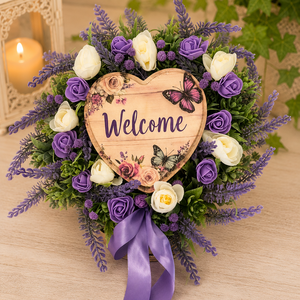 Welcome levendulás ajtódísz szív táblával � 30 cm-es bejárati dekoráció - Meska.hu