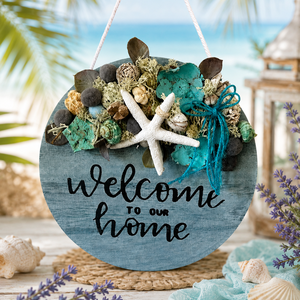 Tengerparti ajtó- és falidísz 25 cm fa alapon � Welcome to Our Home dekor kagylókkal és csillaghallal - Meska.hu
