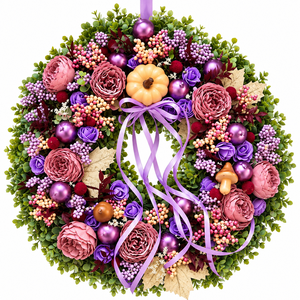 45 cm-es őszi ajtódísz műzöld alappal � elegáns lila-rózsaszín dekoráció - Meska.hu