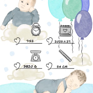 Egyedi babaposzter a baba adataival - személyre szabott illusztráció újszülött ajándék, Baba - mama, Babaszoba dekoráció, Babaposzter, Fotó, grafika, rajz, illusztráció, MESKA