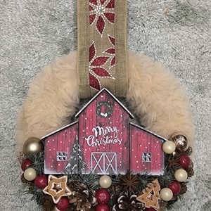 Karácsonyi ajtódísz pajtaházikóval, Karácsony, Karácsonyi lakásdekoráció, Karácsonyi ajtódíszek, Virágkötés, Mindenmás, MESKA