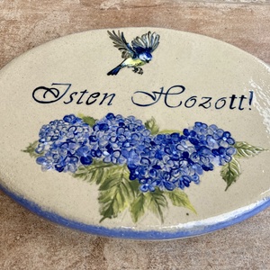 Ovális formájú Isten hozott! tábla hortenziával, cinegével - otthon & életmód - ház & kert - házszám - Meska.hu