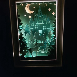 Téli erdő karácsonyi képkeret, shadowbox, Karácsony, Karácsonyi lakásdekoráció, Karácsonyi fénydekoráció, Papírművészet, MESKA