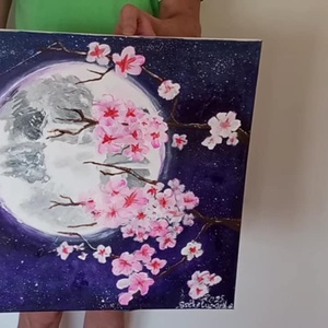 Cseresznye virágok holdfényben 50X50cm, Művészet, Festmény, Olajfestmény, Festészet, MESKA