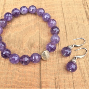 Csiszolt ametiszt karkötő-fülbevaló szett - ékszer - ékszerszett - Meska.hu