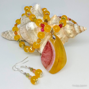 Sárga és színes achát nyaklánc, karkötő és fülbevaló szett - Meska.hu