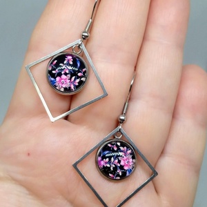 Pink virágos üveg cabochon nyaklánc-fülbevaló szett - ékszer - ékszerszett - Meska.hu