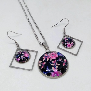 Pink virágos üveg cabochon nyaklánc-fülbevaló szett - ékszer - ékszerszett - Meska.hu