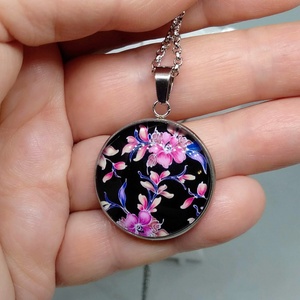 Pink virágos üveg cabochon nyaklánc-fülbevaló szett - ékszer - ékszerszett - Meska.hu