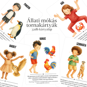 Állati mókás tornakártyák (álló nézet) csoportos játék verzió - 'Szia figyelem' - Digitális tartalom, Baba - mama, Baba játékok, Mozgásfejlesztő játékok, Fotó, grafika, rajz, illusztráció, MESKA