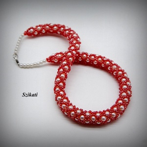 Pink - fehér gyöngyfűzött nyaklánc - Meska.hu