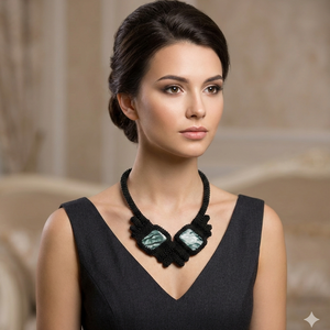 Fekete fémmentes gyöngyfűzött nyakék mentazöld kabosonnal - ékszer - nyaklánc - statement nyaklánc - Meska.hu