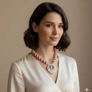 Rózsaszín - galambszürke fémmentes gyöngyfűzött nyaklánc - Meska.hu