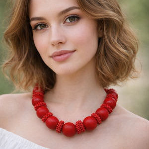 Piros gyöngyfűzött nyakék - Meska.hu