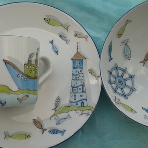 Hajós-halas mintával díszített porcelán gyermek étkészlet - otthon & életmód - konyhafelszerelés, tálalás - tálalás - tányér & étkészlet - Meska.hu