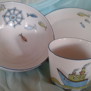 Hajós-halas mintával díszített porcelán gyermek étkészlet - otthon & életmód - konyhafelszerelés, tálalás - tálalás - tányér & étkészlet - Meska.hu
