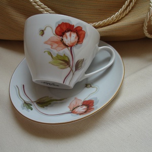Pipacs virággal díszített teás-kávés porcelán csésze és alsó - otthon & életmód - konyhafelszerelés, tálalás - tálalás - teás- és kávés pohár, készlet - Meska.hu