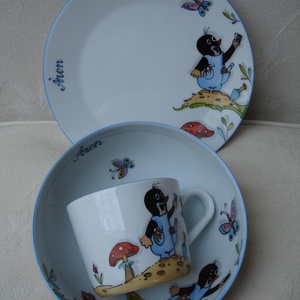 Gyermek porcelán étkészlet kisvakondos mintával, kézzel festett egyedi darab monogrammal - otthon & életmód - konyhafelszerelés, tálalás - tálalás - tányér & étkészlet - Meska.hu