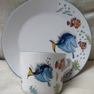 Halacskás mintával megfestett gyermek porcelán étkészlet - otthon & életmód - konyhafelszerelés, tálalás - tálalás - tányér & étkészlet - Meska.hu