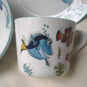 Halacskás mintával megfestett gyermek porcelán étkészlet - otthon & életmód - konyhafelszerelés, tálalás - tálalás - tányér & étkészlet - Meska.hu
