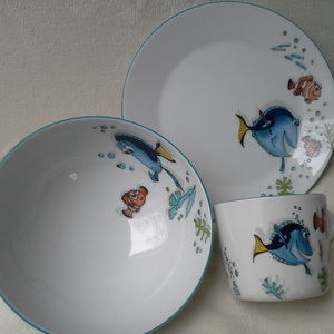 Halacskás mintával megfestett gyermek porcelán étkészlet, Otthon & Életmód, Konyhafelszerelés, tálalás, Tálalás, Tányér & Étkészlet, Festészet, Kerámia, MESKA