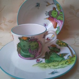 Süsüs mintával festett porcelán gyermek étkészlet - otthon & lakás - konyhafelszerelés, tálalás - tálalás - bögre & csésze - Meska.hu