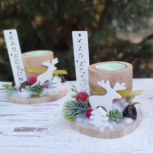 Karácsonyi rénszarvasos farönk mécsestartó  - otthon & életmód - dekoráció - dísztárgy - Meska.hu