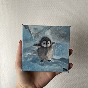 'Pingvin' mini olajfestmény 10x10 cm-es feszített vásznon - művészet - festmény - olajfestmény - Meska.hu