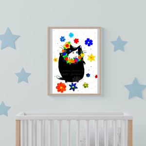 Fekete cica virágokkal akvarell festmény (nyomat), baba, babaszoba, gyermek, gyermekszoba, dekor, fali kép - Meska.hu
