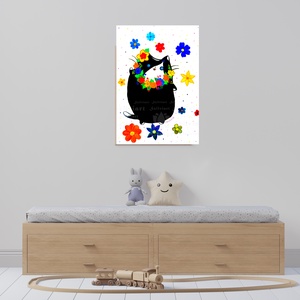 Fekete cica virágokkal akvarell festmény (nyomat), baba, babaszoba, gyermek, gyermekszoba, dekor, fali kép - művészet - festmény - akvarell - Meska.hu