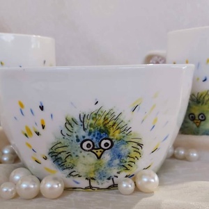Vicces madarak, egyedi, kézzel festett porcelán, csésze, bögre, tál, reggeliző szett, kávés, teás készlet, ajándék, gyer - otthon & életmód - konyhafelszerelés, tálalás - tálalás - bögre & csésze - Meska.hu