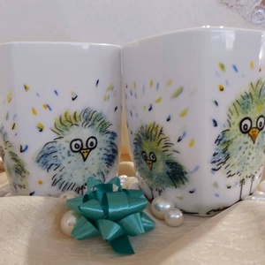 Vicces madarak, egyedi, kézzel festett porcelán, csésze, bögre, tál, reggeliző szett, kávés, teás készlet, ajándék, gyer - otthon & életmód - konyhafelszerelés, tálalás - tálalás - bögre & csésze - Meska.hu