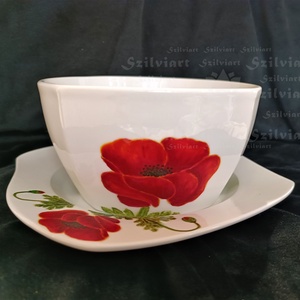 Pipacs szépe, egyedi, kézzel festett porcelán, csésze, bögre, tál, reggeliző szett, kávés, teás készlet, ajándék, Otthon & Életmód, Konyhafelszerelés, tálalás, Tálalás, Bögre & Csésze, Festészet, Kerámia, MESKA