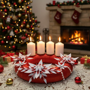 Adventi koszorú csillámos dekorgumi virágokkal, gyertyákkal.Piros-fehér - karácsony - adventi díszek - adventi koszorú - Meska.hu