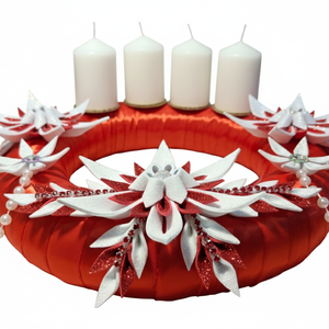 Adventi koszorú csillámos dekorgumi virágokkal, gyertyákkal.Piros-fehér - karácsony - adventi díszek - adventi koszorú - Meska.hu