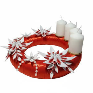 Adventi koszorú csillámos dekorgumi virágokkal, gyertyákkal.Piros-fehér - karácsony - adventi díszek - adventi koszorú - Meska.hu