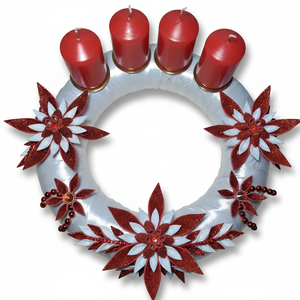 Adventi koszorú csillámos dekorgumi virágokkal, gyertyákkal.Fehér-piros, Karácsony, Adventi díszek, Adventi koszorú, Dekorgumi, Mindenmás, MESKA