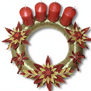 Adventi koszorú csillámos dekorgumi virágokkal, gyertyákkal.Arany-piros - karácsony - adventi díszek - adventi koszorú - Meska.hu